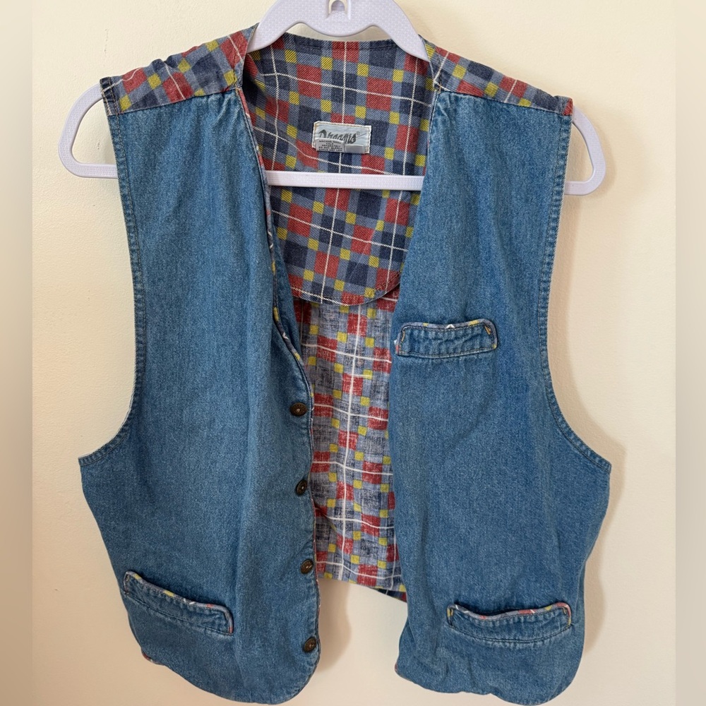 Wrangler Blue Denim Vest with Plaid Accents